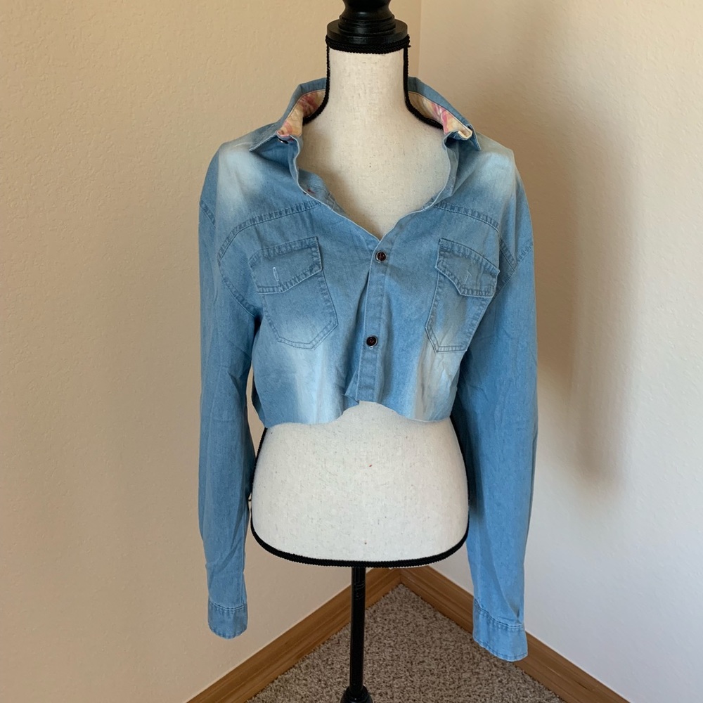 Jean Jacket Shirt Cropped Distressed XL